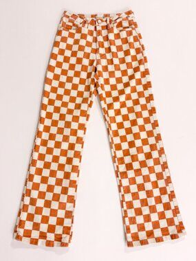 Altar'd State Women's Small Orange and White Checkered Jeans Skater Dopamine